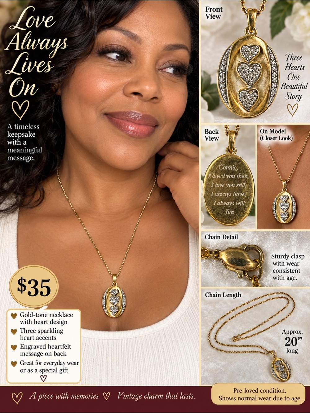 Gold-Tone Three Hearts Pendant Necklace - Personalized Engraved Back